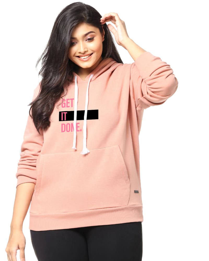 Front of a model wearing a size 5XL Peach "Get It Done" Kangaroo Pocket Sweatshirt in Peach by Instafab Plus. | dia_product_style_image_id:298253